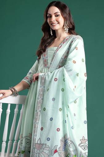 Ethnic Motifs Printed Pleated  Cotton Kurta with Trousers & Dupatta