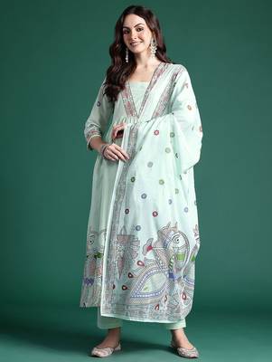 Ethnic Motifs Printed Pleated Pure Cotton Kurta with Trousers & Dupatta 5
