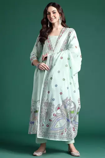 Ethnic Motifs Printed Pleated Pure Cotton Kurta with Trousers & Dupatta