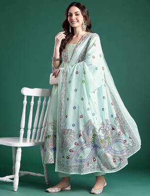 Ethnic Motifs Printed Pleated Pure Cotton Kurta with Trousers & Dupatta 8