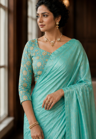 Sea Green Color Plain Satin Silk Blend Saree