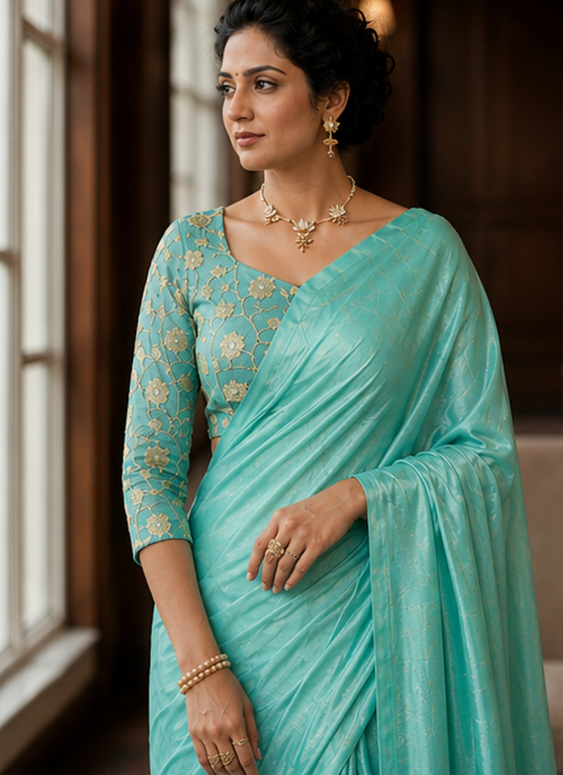 Sea Green Color Plain Satin Silk Blend Saree