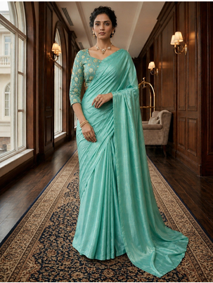 Sea Green Color Plain Satin Silk Blend Saree 2
