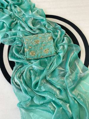 Sea Green Color Plain Satin Silk Blend Saree 3