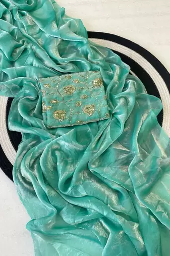 Sea Green Color Plain Satin Silk Blend Saree