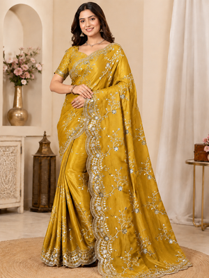  yellow color codding with thread embroidery work with cutwork border silk blend saree 1