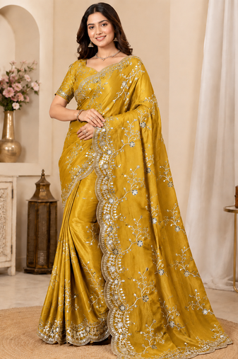 yellow color codding with thread embroidery work with cutwork border silk blend saree