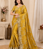  yellow color codding with thread embroidery work with cutwork border silk blend saree