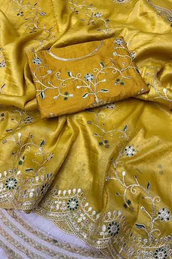  yellow color codding with thread embroidery work with cutwork border silk blend saree