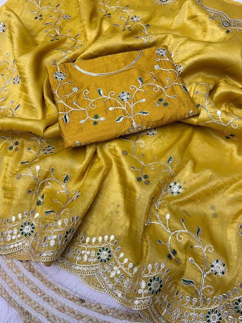  yellow color codding with thread embroidery work with cutwork border silk blend saree