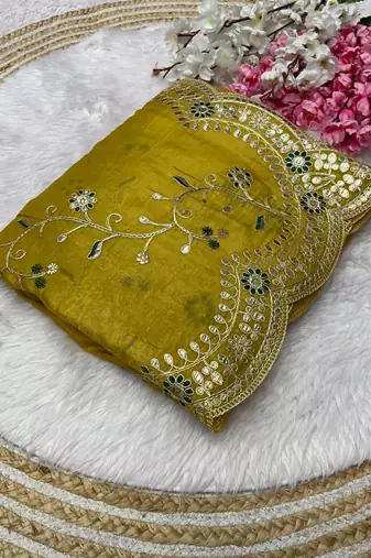  yellow color codding with thread embroidery work with cutwork border silk blend saree