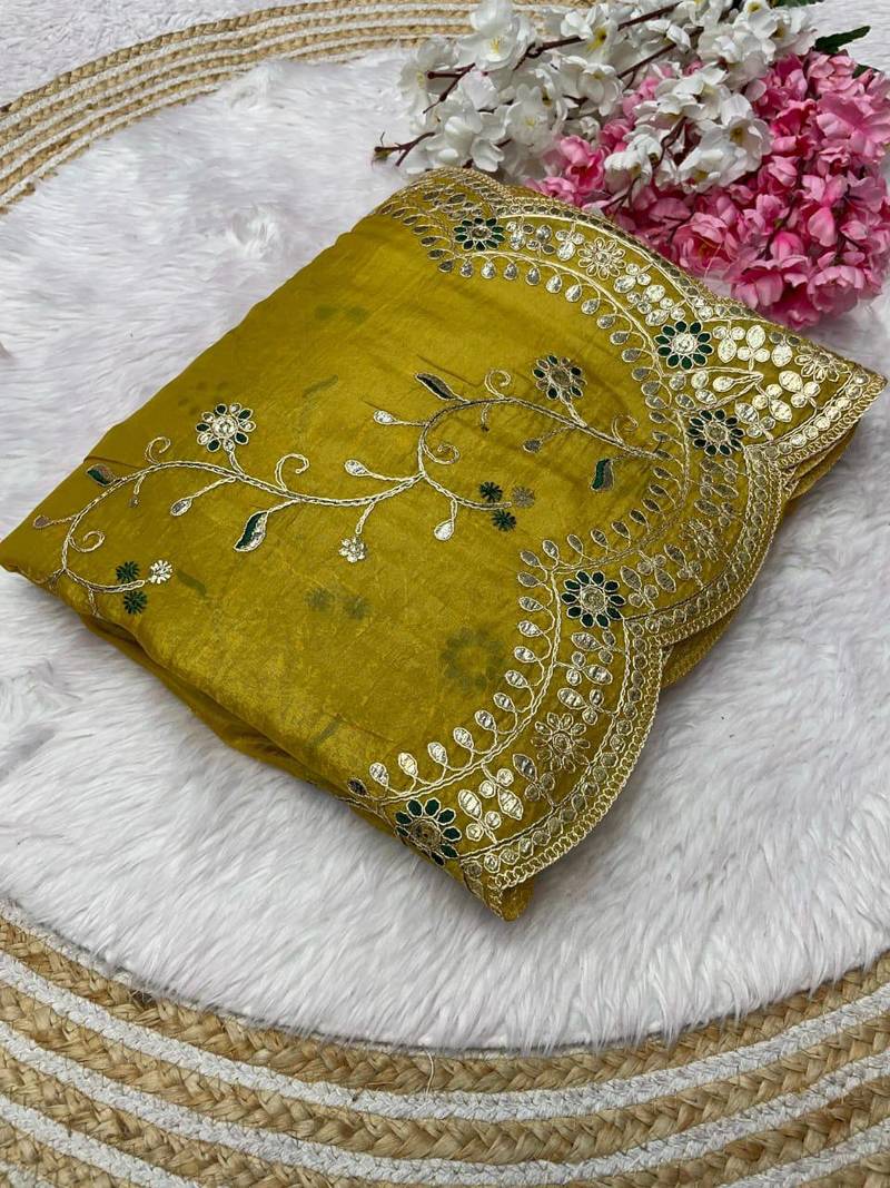  yellow color codding with thread embroidery work with cutwork border silk blend saree