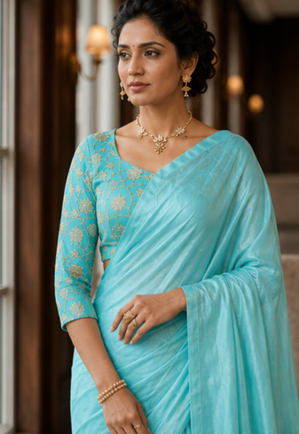 Sky Blue Color Plain Satin Silk Blend Saree