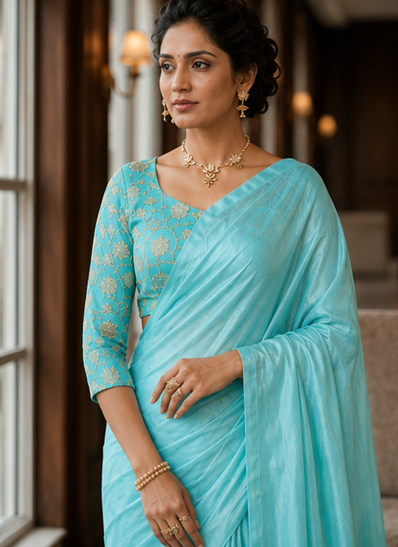 Sky Blue Color Plain Satin Silk Blend Saree