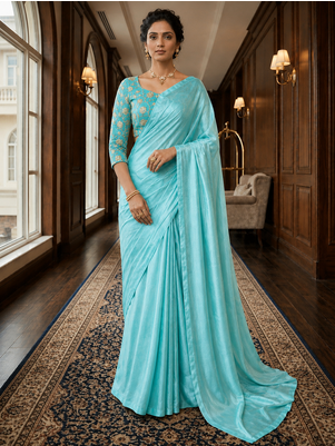 Sky Blue Color Plain Satin Silk Blend Saree 2