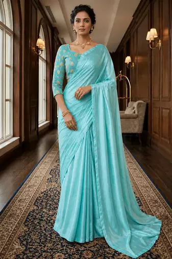 Sky Blue Color Plain Satin Silk Blend Saree