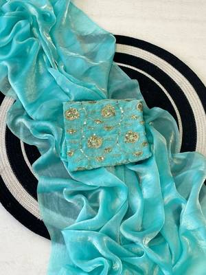 Sky Blue Color Plain Satin Silk Blend Saree 3