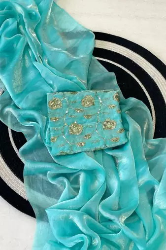 Sky Blue Color Plain Satin Silk Blend Saree