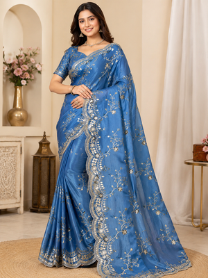blue color codding with thread embroidery work with cutwork border silk blend saree 1