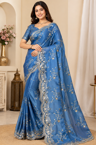blue color codding with thread embroidery work with cutwork border silk blend saree