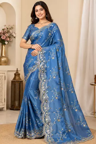 blue color codding with thread embroidery work with cutwork border silk blend saree