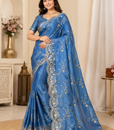 blue color codding with thread embroidery work with cutwork border silk blend saree
