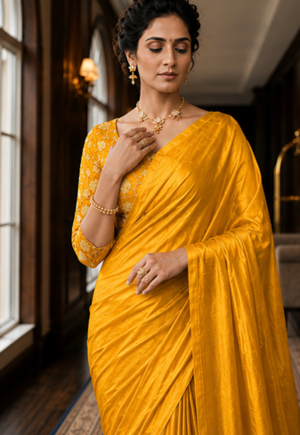 Yellow Color Plain Satin Silk Blend Saree