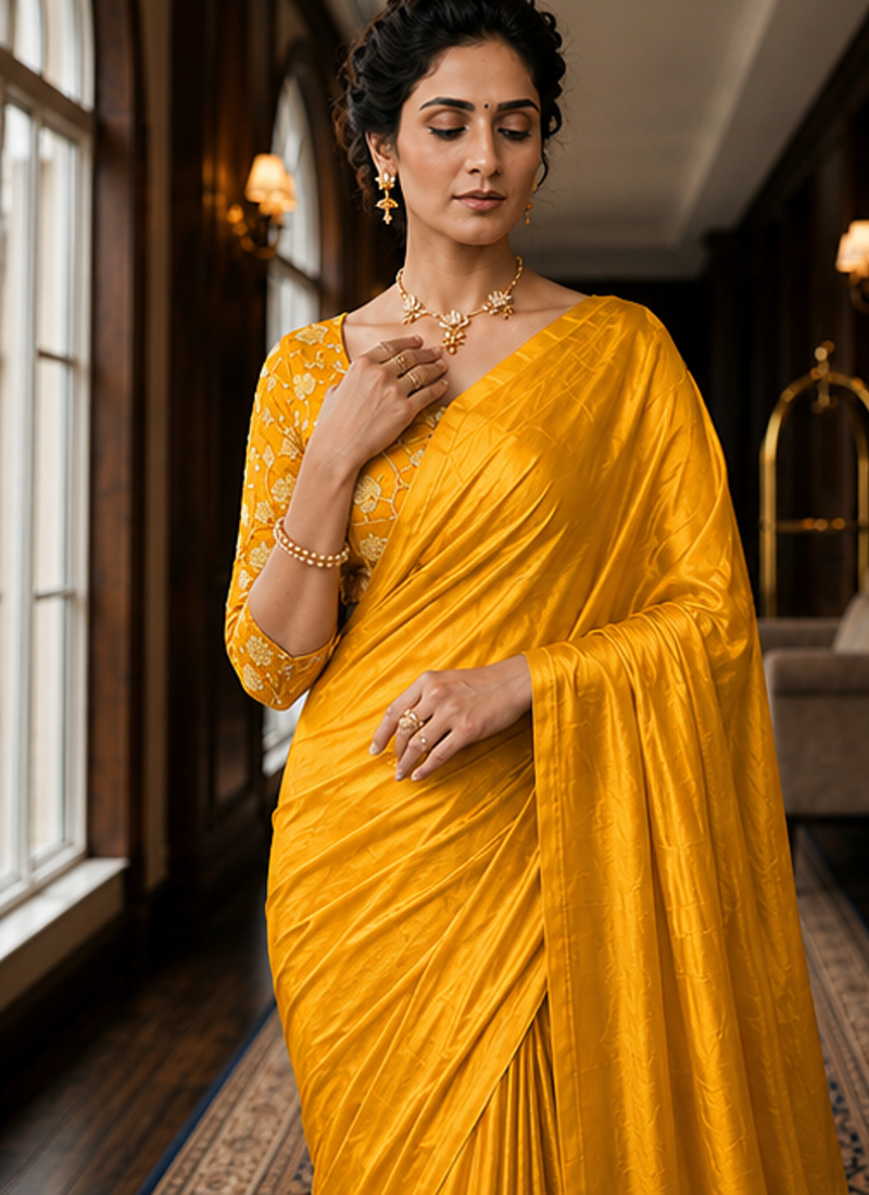 Yellow Color Plain Satin Silk Blend Saree