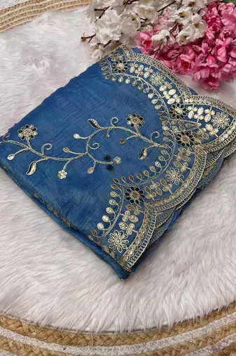 blue color codding with thread embroidery work with cutwork border silk blend saree
