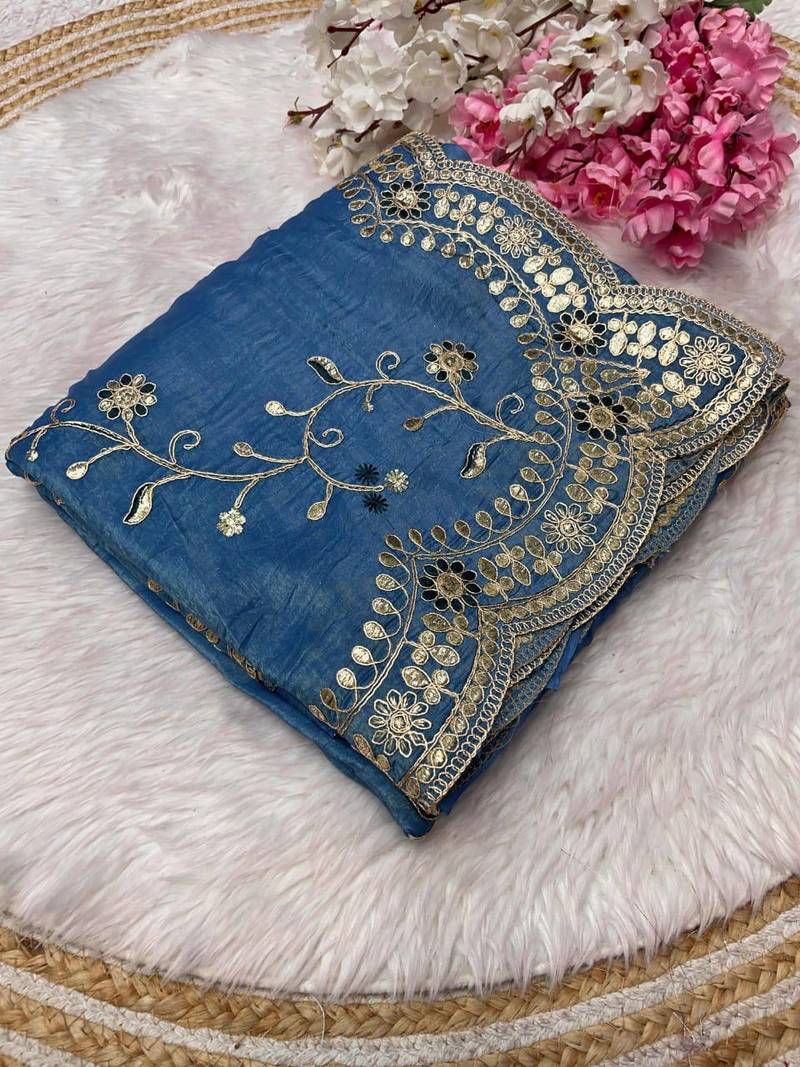 blue color codding with thread embroidery work with cutwork border silk blend saree