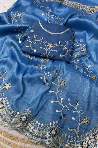 blue color codding with thread embroidery work with cutwork border silk blend saree