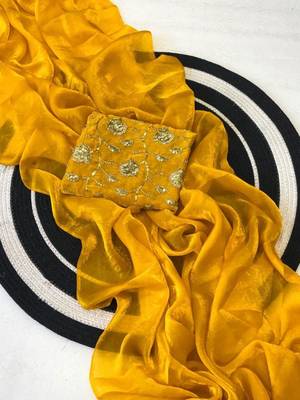 Yellow Color Plain Satin Silk Blend Saree 3