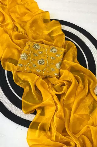 Yellow Color Plain Satin Silk Blend Saree