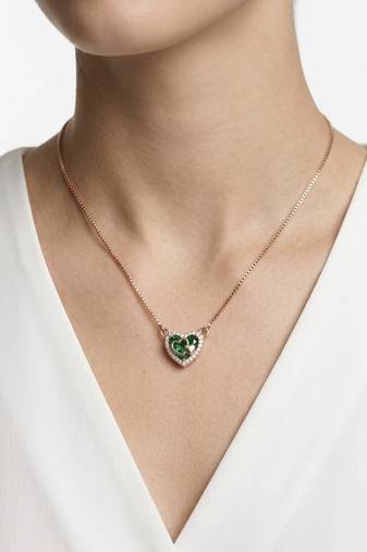 925 Sterling Silver Rose Gold Emerald  Green Heart Pendant Necklace Set  for Women