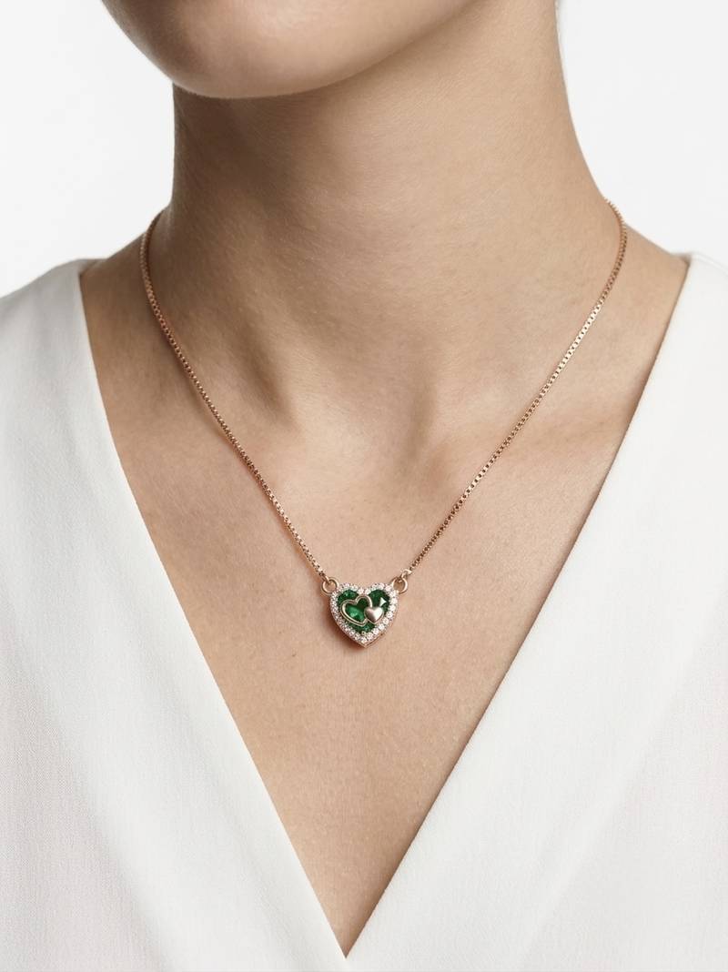 925 Sterling Silver Rose Gold Emerald  Green Heart Pendant Necklace Set  for Women