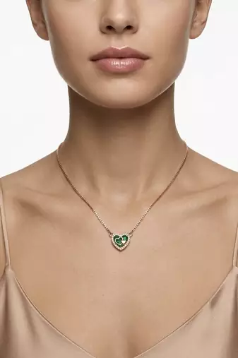 925 Sterling Silver Rose Gold Emerald  Green Heart Pendant Necklace Set  for Women