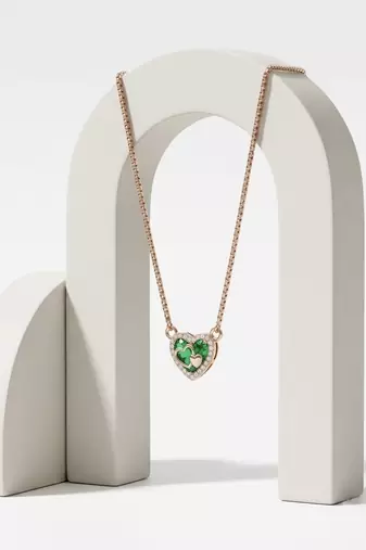 925 Sterling Silver Rose Gold Emerald  Green Heart Pendant Necklace Set  for Women