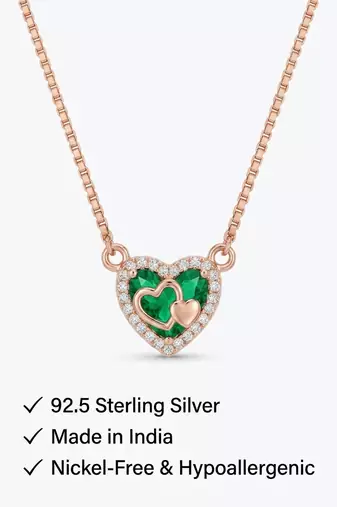 925 Sterling Silver Rose Gold Emerald  Green Heart Pendant Necklace Set  for Women