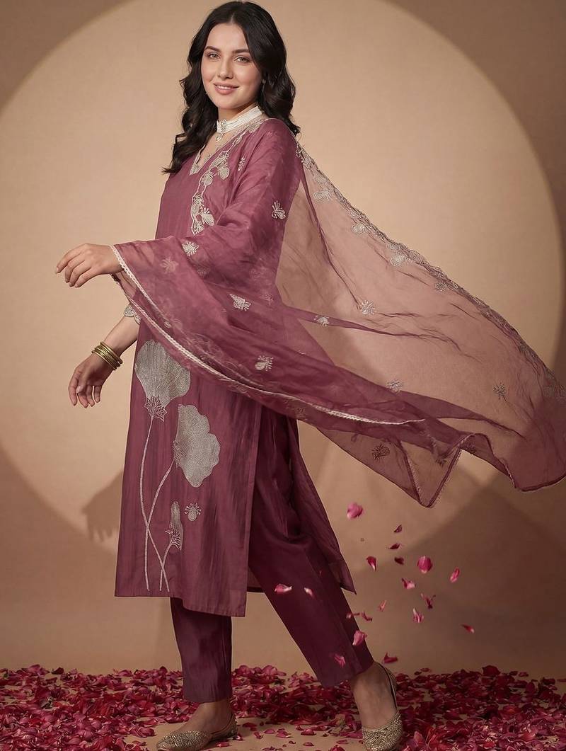 Women Floral Embroidered Regular Thread Work Kurta with Trousers & With Dupatta