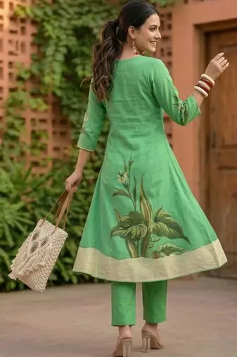 Women Animal Printed Pleated Pure Cotton Kurta with Trousers
