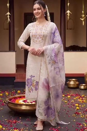 Women Floral Embroidered Regular Thread Work Pure Cotton Kurta with Trousers & With Dupatta