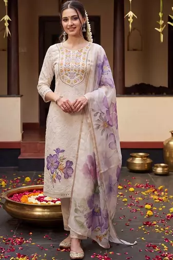 Women Floral Embroidered Regular Thread Work Pure Cotton Kurta with Trousers & With Dupatta