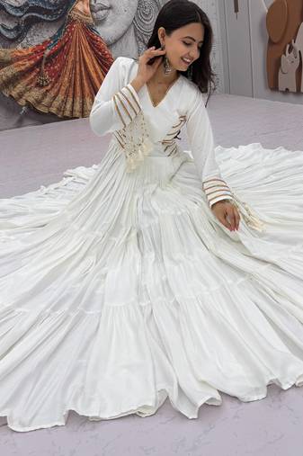 Navratri special white pure cotton anarkali gown with gold lace work