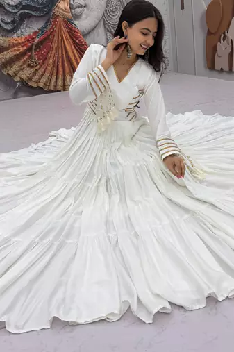 Navratri special white pure cotton anarkali gown with gold lace work