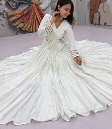 Navratri special white pure cotton anarkali gown with gold lace work