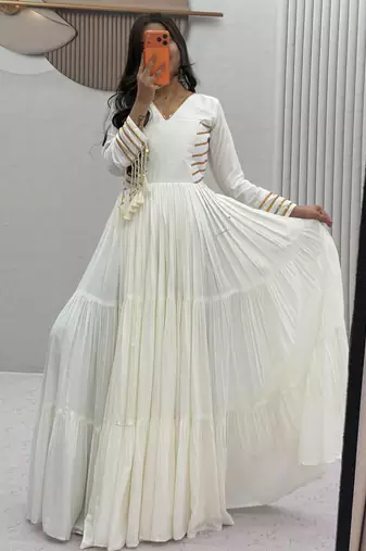 Navratri special white pure cotton anarkali gown with gold lace work