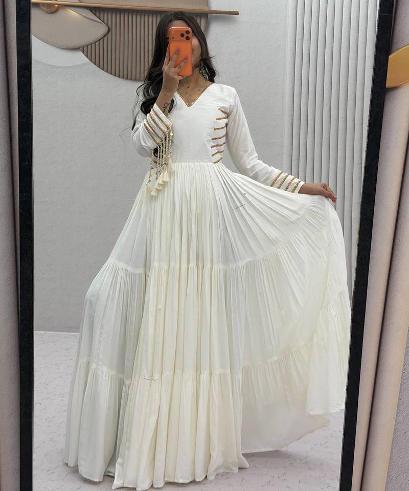 Navratri special white pure cotton anarkali gown with gold lace work