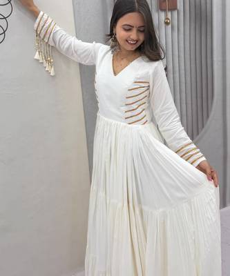 Navratri special white pure cotton anarkali gown with gold lace work 3