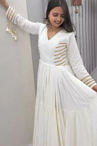 Navratri special white pure cotton anarkali gown with gold lace work