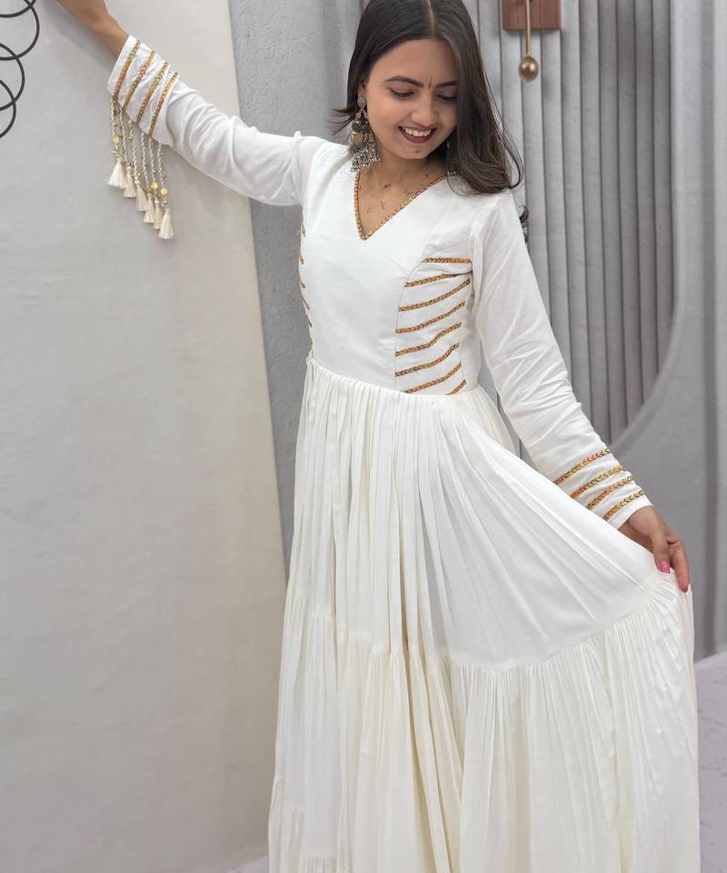 Navratri special white pure cotton anarkali gown with gold lace work